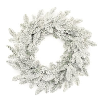 Snowy Flocked Pine Wreath 24.5” Rustic Winter Door Decor with Wired Branches, Indoor Christmas Holiday Decoration