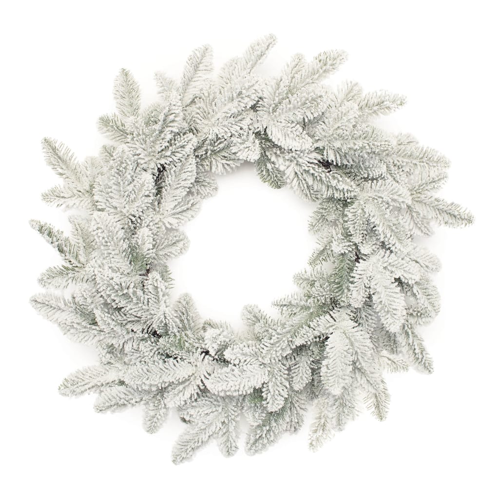 Snowy Flocked Pine Wreath 24.5” Rustic Winter Door Decor with Wired Branches, Indoor Christmas Holiday Decoration