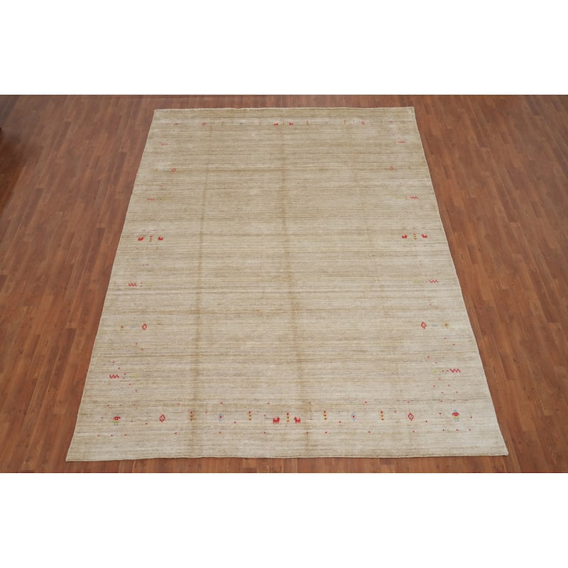 Hand Knotted Oriental Viscose Silk Carpet Tribal Animal Pictorial Beige & Ivories Gabbeh Area Rug - 11' 10'' X 8' 10''