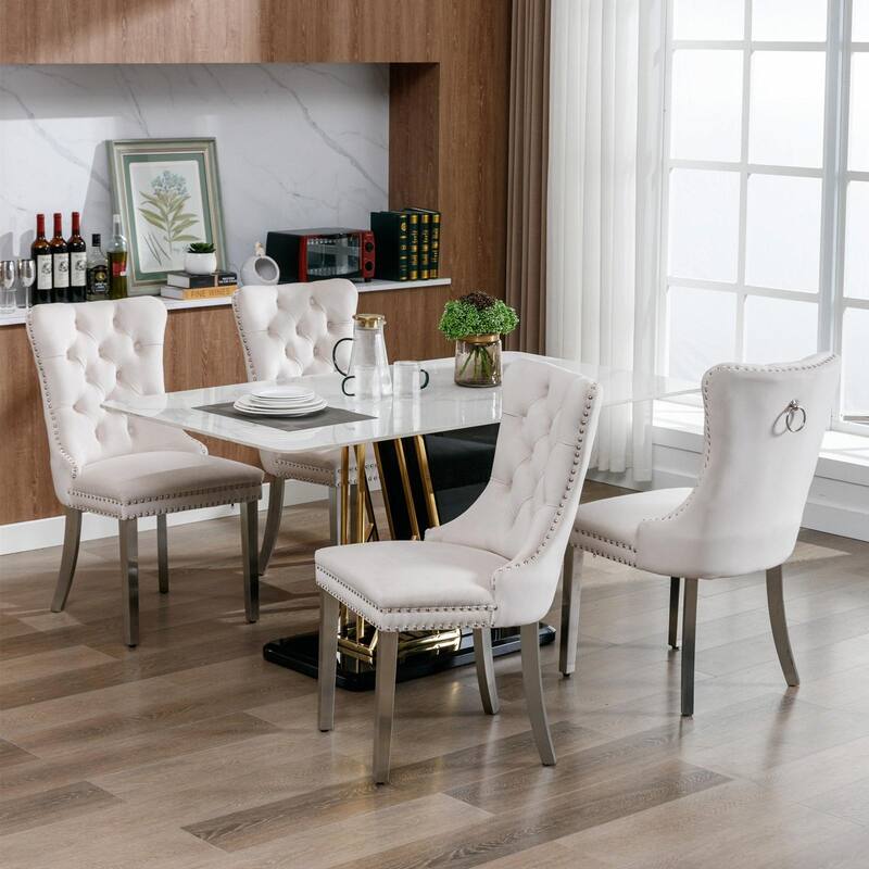 Tufted Velvet Dining Chairs - Solid Wood - Golden Stainless Steel Legs - Nailhead Trim - Set of 2