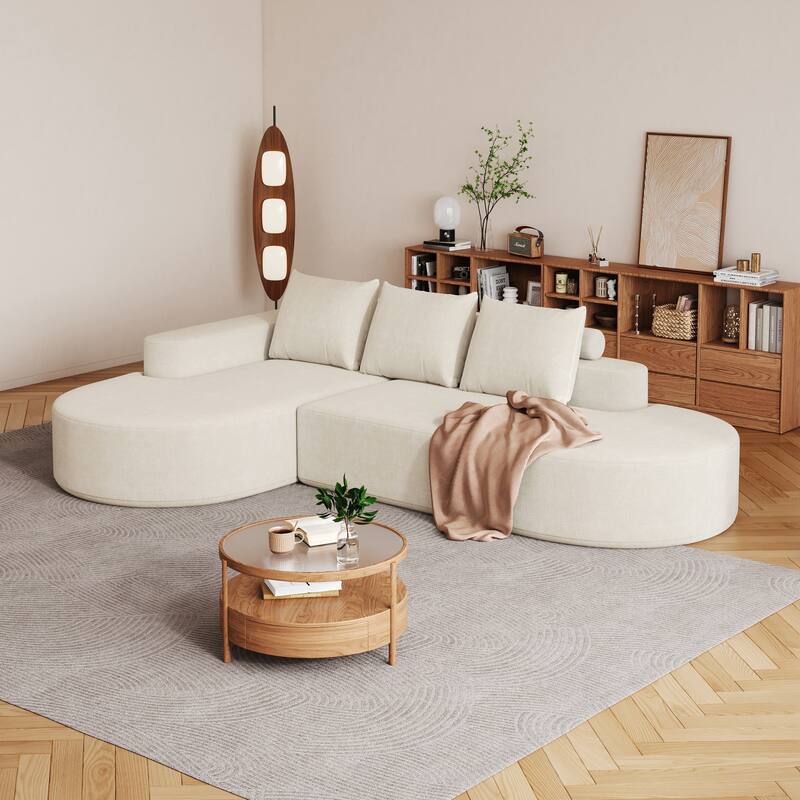 L Shaped Modular Curved Sectional Sofa, Chenille Upholstered 3 Seat Sofa, Corner Sofa with 3 Pillows for Living Room, Bedroom