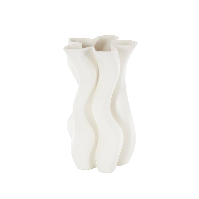 Ceramic Abstract Ribbed Dimensional Wavy Decorative Vase with Floral Shaped Rim - White - Roche River Decor