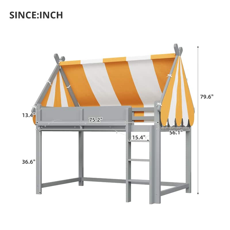 Full/Twin Size Loft Bed with Canopy, LED Lights & Bookshelf, Elevated Bed with Storage