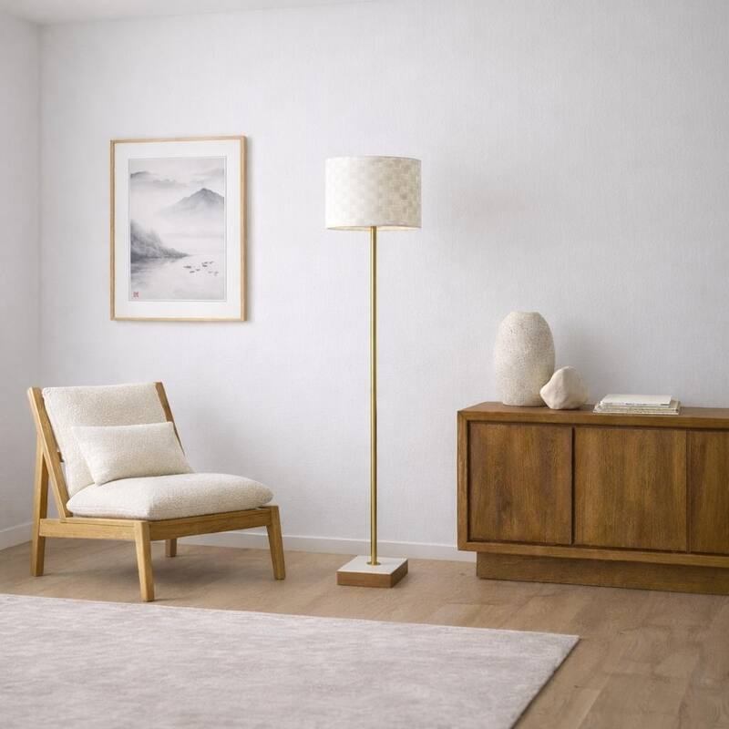 Ellen Floor Lamp with Woven Shade and Marble-Wood Base - Gold