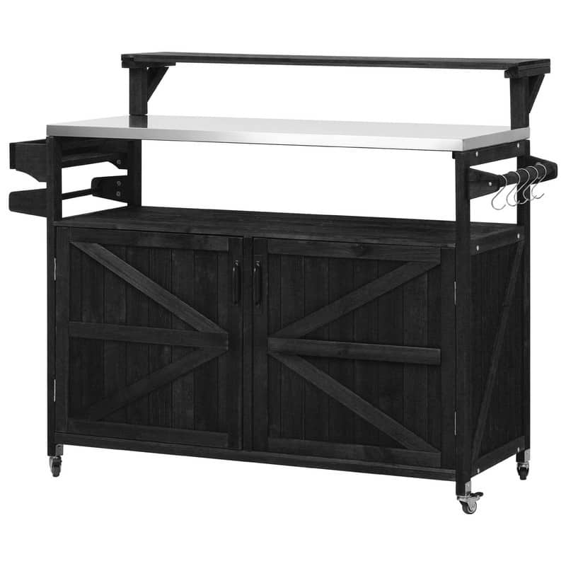 Outdoor Kitchen Island, Solid Wood Storage Cabinet with Stainless Steel Top and Lockable Wheels