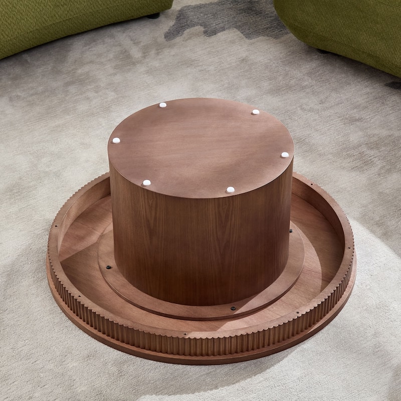 35.43 inch Walnut Round Coffee Table with Solid Wood Ribbed Wave Trim,MDF+ Wood Veneer Table for Living Room,Apartment,Office