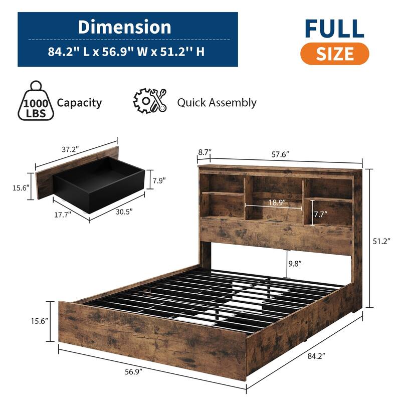 Full Size Bed Frame with High Storage Bookcase Headboard, Wood Bed Frame with 4 Storage Drawers
