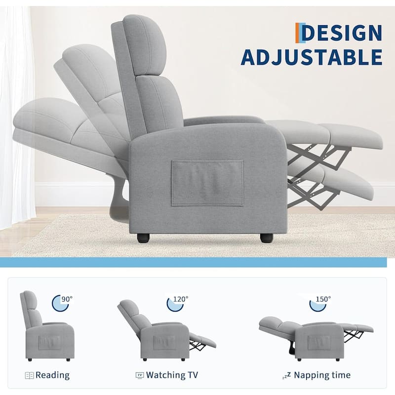 Recliner Chair for Adults, High Backrest, Thick Cushion, with Side Pocket