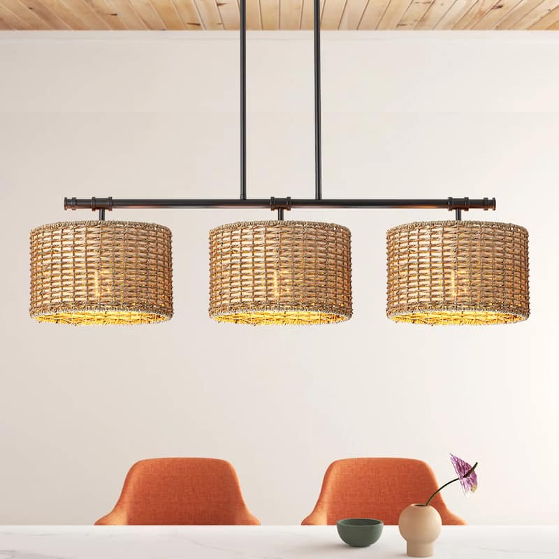 3-Light Modern Farmhouse Black Linear Drum Handwoven Rattan Pendant Light for Kitchen Island - Black