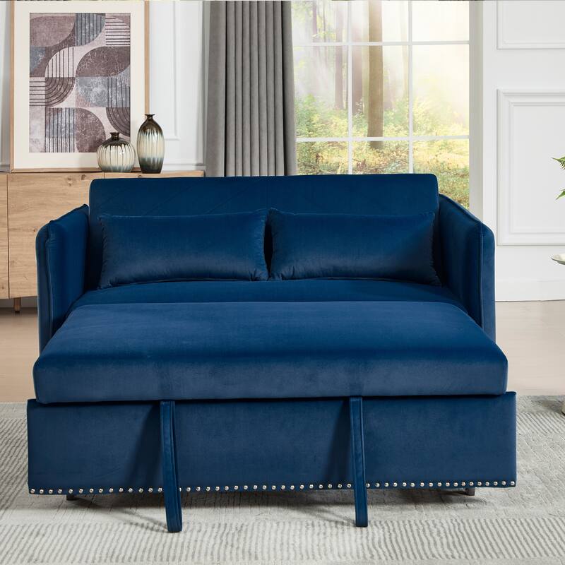 3 in 1 Convertible Sleeper Futon Sofa Bed, 55" Blue Velvet Loveseat with Reclining Backrest and Side Pockets