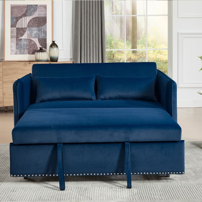 Small Convertible Sofa Bed, 55" Velvet Loveseat Couch with Pull-Out Bed, Pillows, Adjustable Backrest & Side Pockets