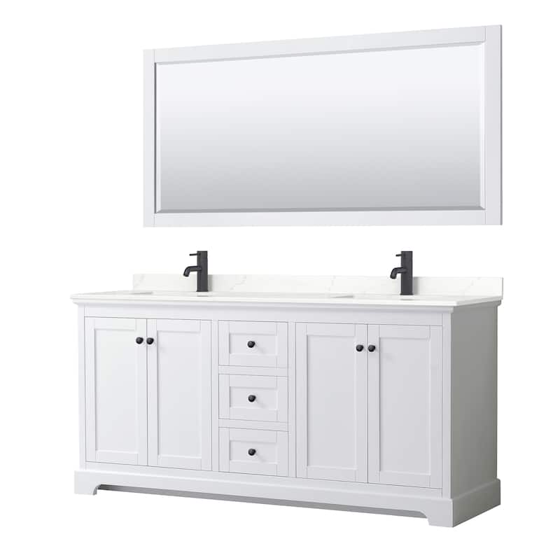 Avery 72-inch Double Vanity, Quartz Top, 70-inch Mirror - White, Black Trim, Giotto Quartz Top