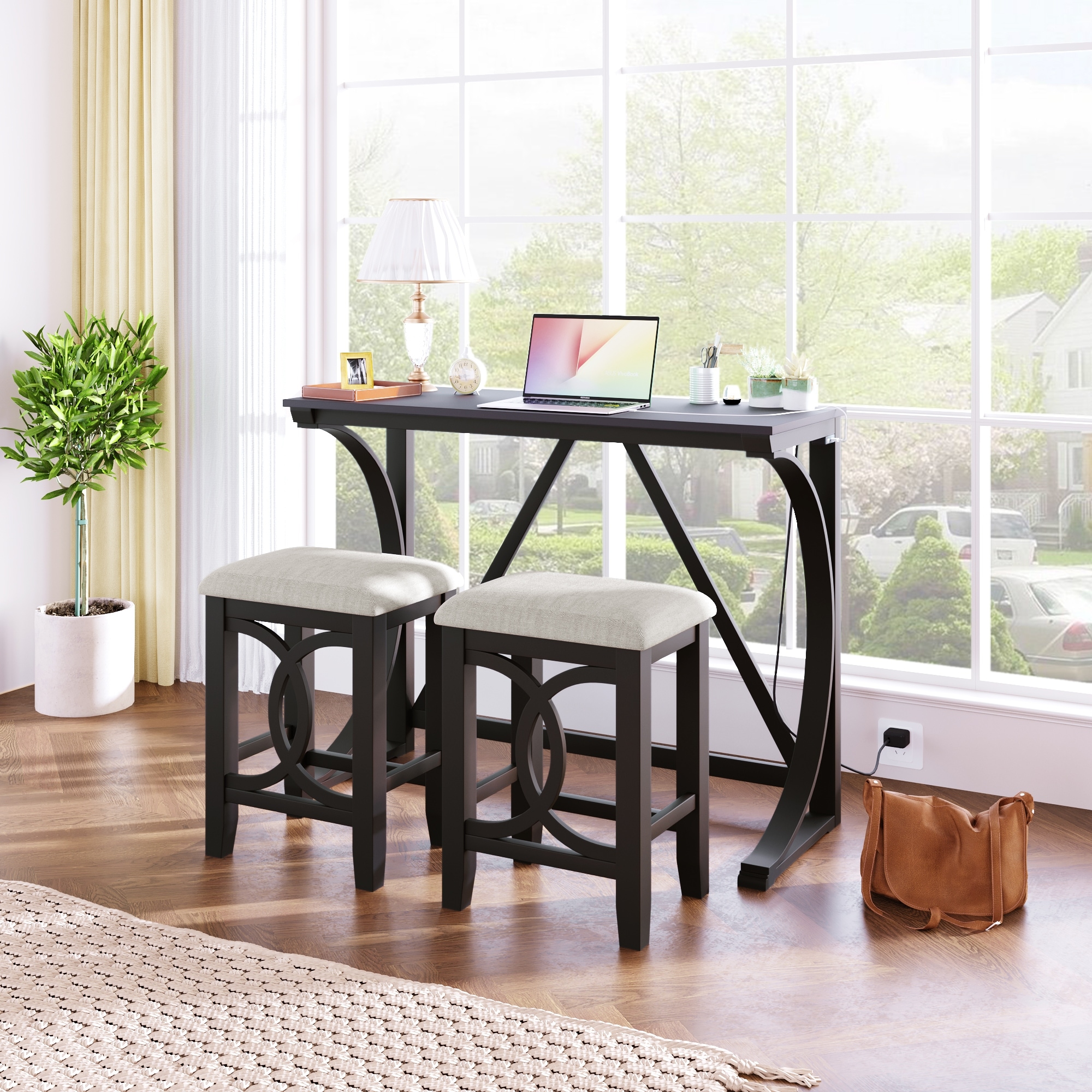 Farmhouse 3-Piece Counter Height Dining Table Set with USB Port and Upholstered Stools