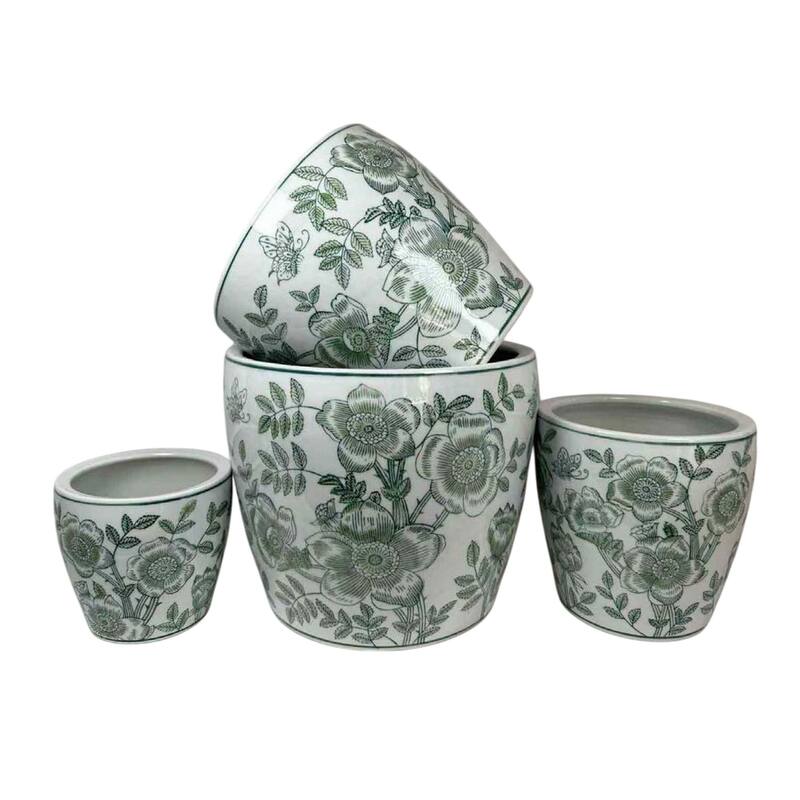 Kerry Accent Planter Pot Set of 4, Green Floral Pattern, White Ceramic