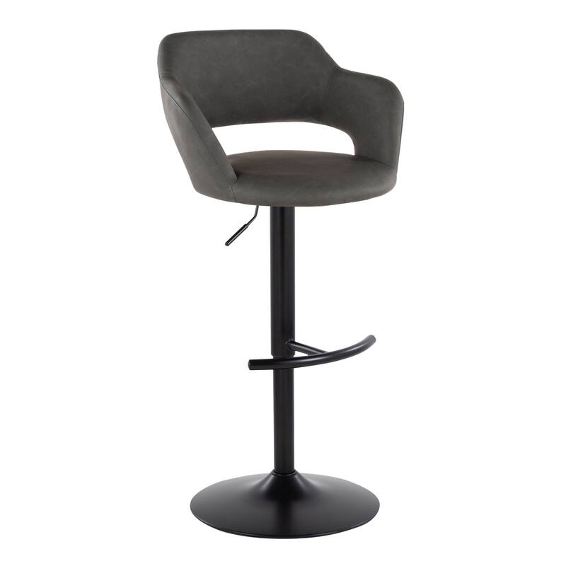 Porch & Den Vallen Adjustable Faux Leather Bar Stool with Rounded T Footrest (Set of 2) - Grey Faux Leather/Black Metal