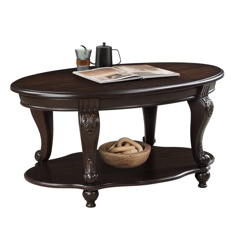 42" Oval Wood Coffee Table, 2 Tier Cocktail Table with Open Shelf