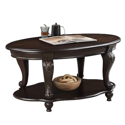 42'' oval wood coffee table for Living Room, 2-Tier Solid Wood Cocktail Table with Open Storage Shelf, Easy Assembly