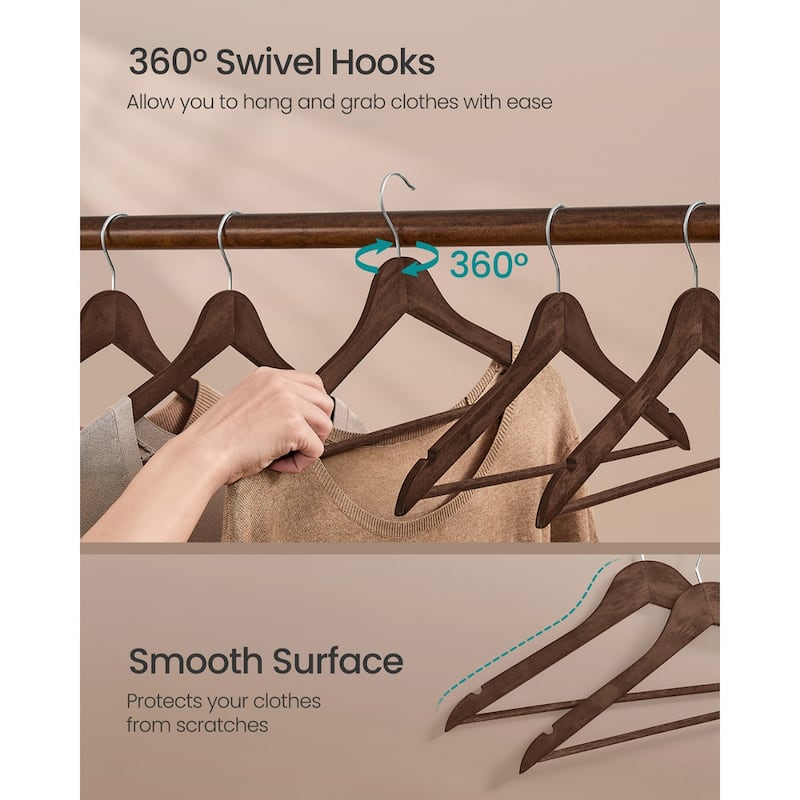 Birch Wood Hangers with Metal Hooks, Slim Design, and 360 Swivel