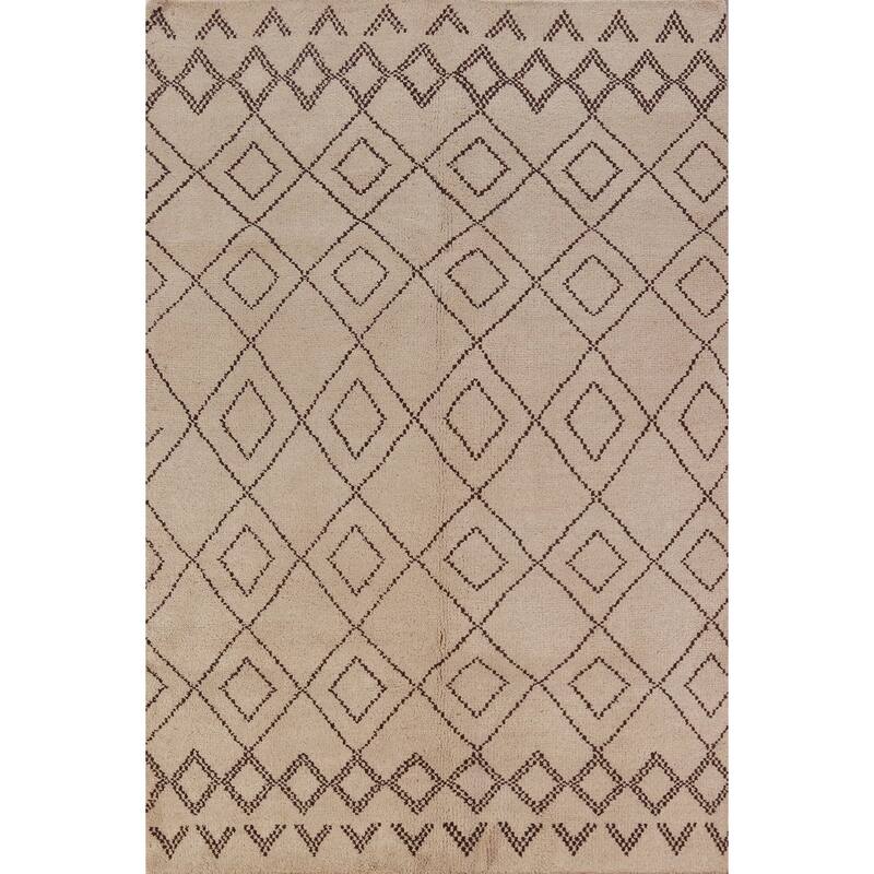 Hand Knotted Oriental 100% Wool Carpet Modern Geometric Beige & Ivories Moroccan Area Rug - 8' 0'' X 5' 0''