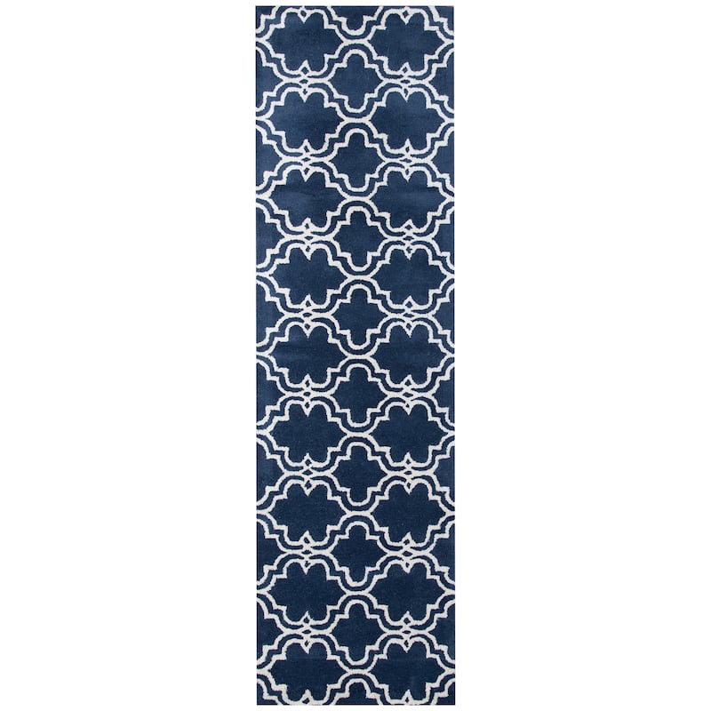 Modern Trellis Hand-Tufted Runner Rug - 2'3" x 8' Runner - Navy Blue/White