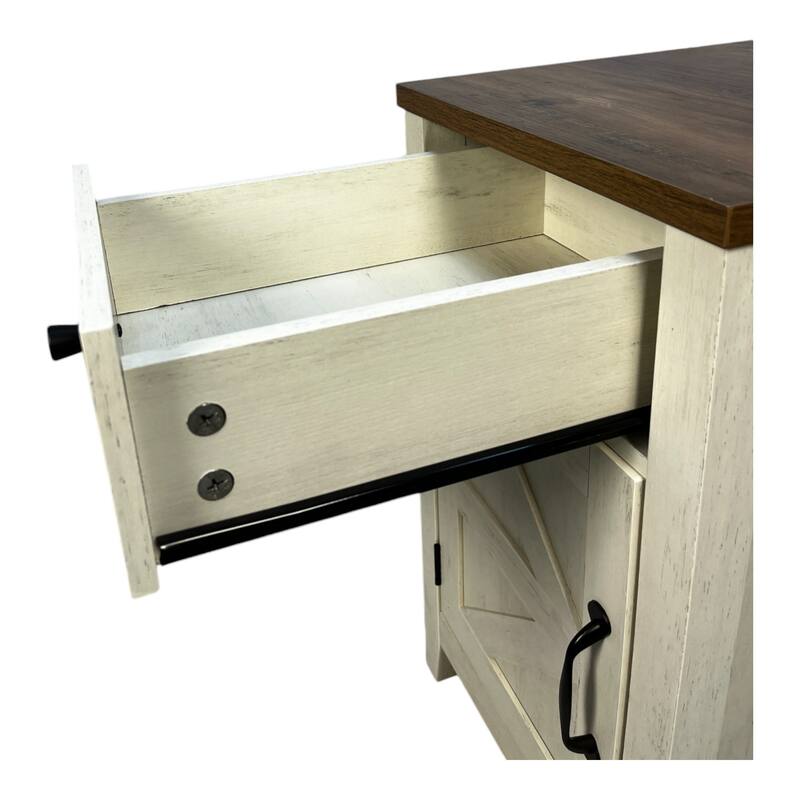 Farmhouse End Table With Charging Station, Night Stand With Barn Door And Drawer