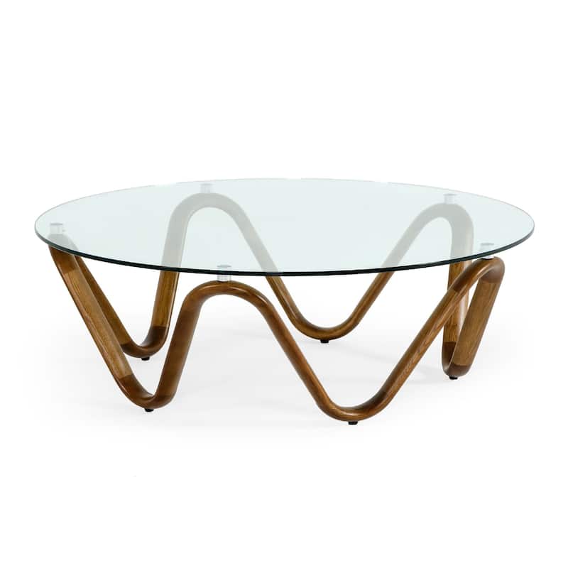 Cid Lasp Coffee Table, 45 Inch, Round Glass Top, Walnut Wave Design Base