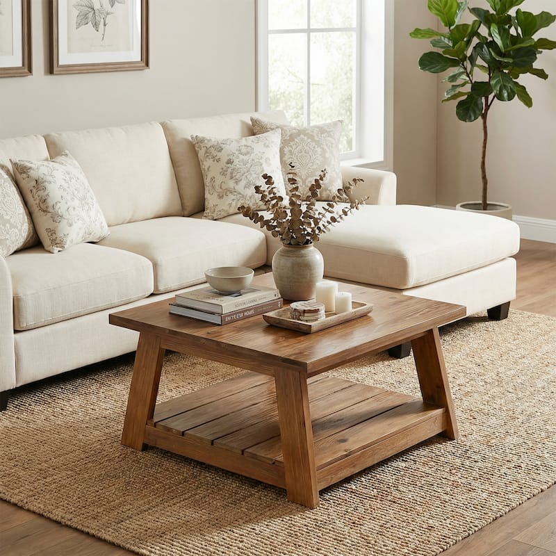 31.5" Solid Wood Square Coffee Table With 2-Tier Storage - 31.5" D x 31.5" W x 17.7" H