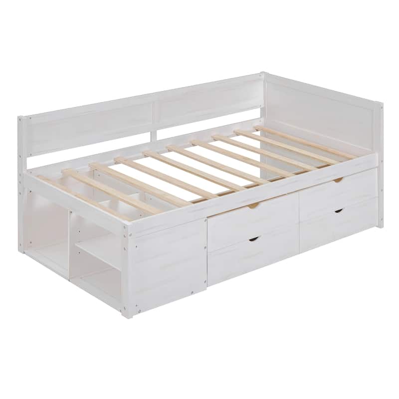 Twin/Full Size Daybed with 4 Storage Drawers and Shelves, Wooden Platform Bed Frame Corner Bed with L-Shaped Headboard and Slats