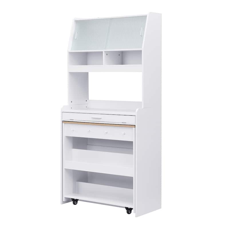 Multifunctional Buffet Hutch and Foldable Dining Table with Storage Unit and Rolling Wheels for Small Spaces