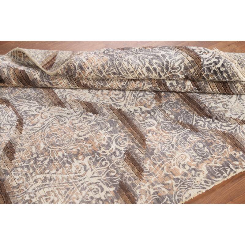 Beige Striped / Abstract Indian Area Rug Handmade Wool Carpet - 3'10"x 6'0"