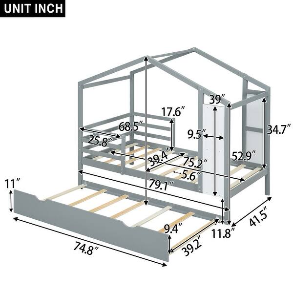 dimension image slide 0 of 3, Twin Size Solid Wood House Bed with Trundle, Fence and Writing Board for Kids, Boys and Girls, Bedroom
