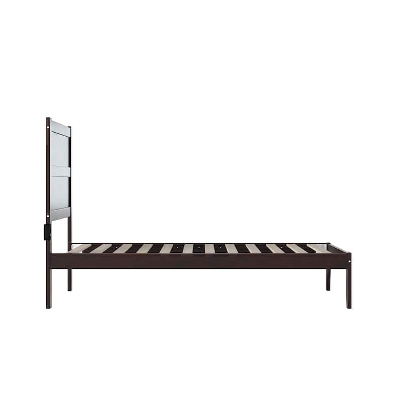 Twin Bed Espresso - Solid Wood Platform Bed with Charging Station - No Box Spring Needed - Modern Design