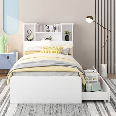 Twin Size Storage Platform Bed Frame with 4 Open Storage Shelves and 2 Storage Drawers,LED Light