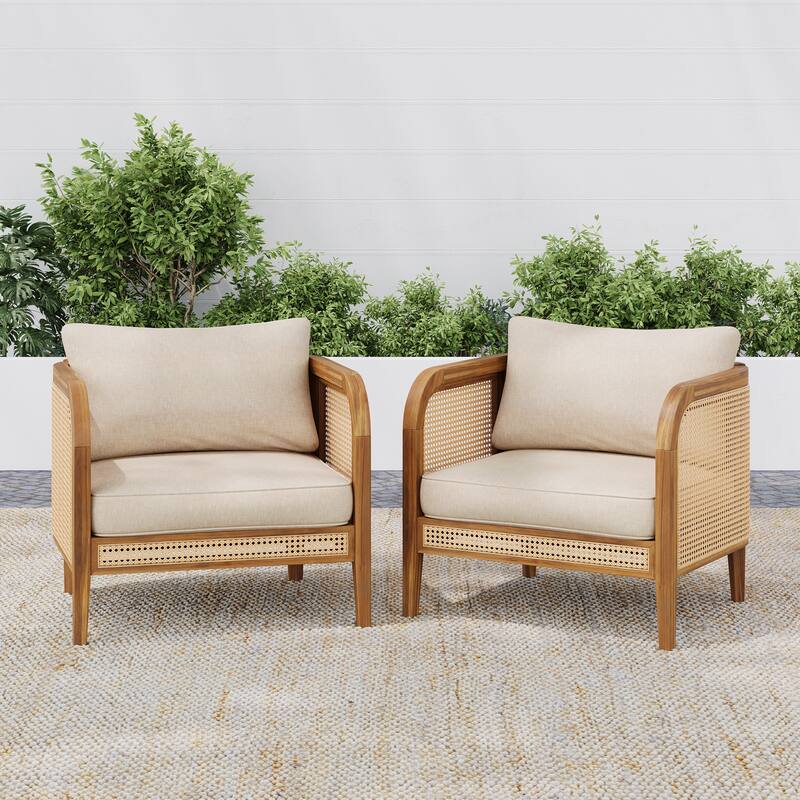 Roomfitters Kirkby Outdoor Acacia Wood Arm Chair with Wicker Back and Cushion, Teak Finish and Beige