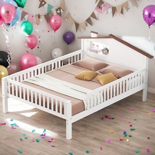 Wood House-shaped Full Size Platform Bed with LED and Built-in Storage and Safety Guaranteed