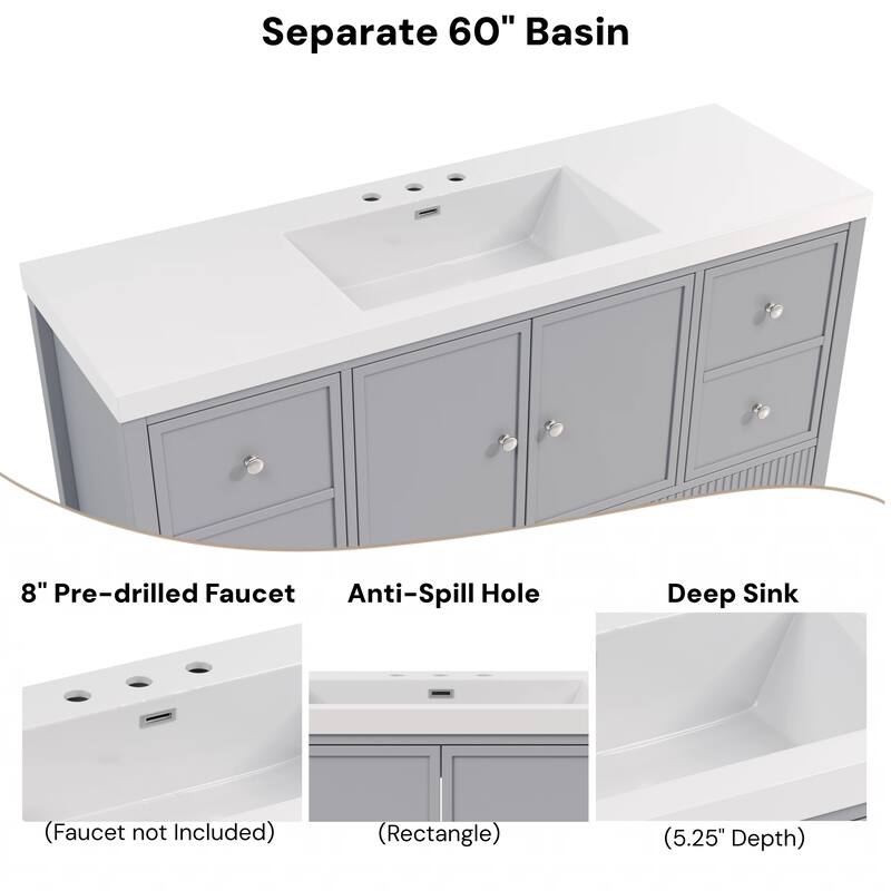 Christopher Knight Home - Modern 60-Inch Bathroom Vanity with Separate Sink and Soft-Close Storage