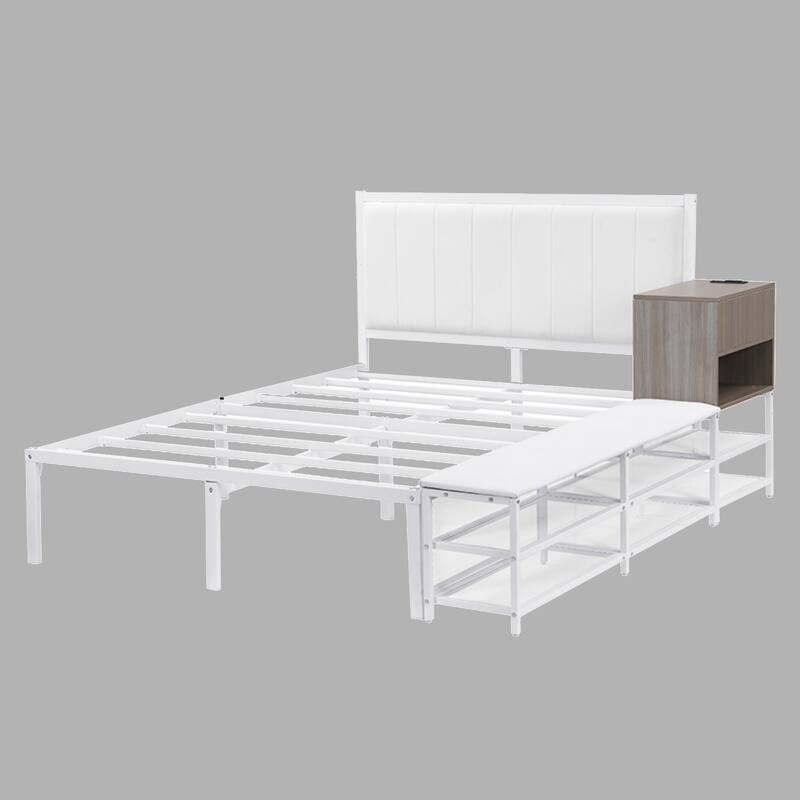 Full Size Metal Bed with Storage Shelves and Built-in Wooden Cabinet - White - Twin