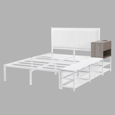 Full Size Metal Bed with Storage Shelves and Built-in Wooden Cabinet