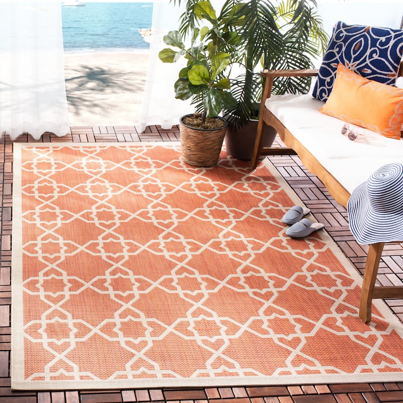 SAFAVIEH Courtyard Lawanda Trellis Indoor/ Outdoor Waterproof Patio Backyard Rug - 4' x 5'7" - Terracotta/Beige