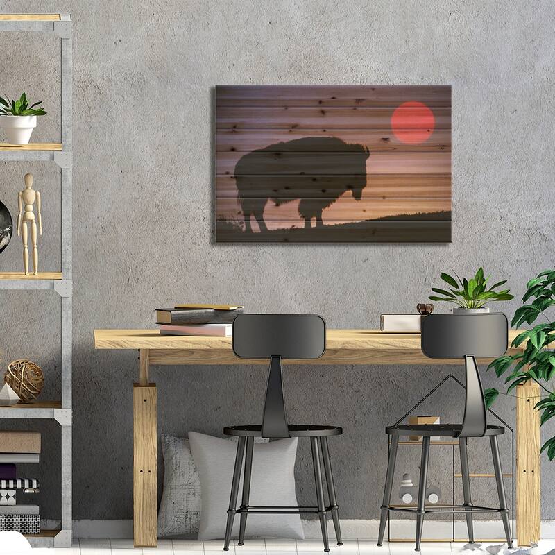 Bison (American Buffalo) Silhouette At Sunrise, Yellowstone National Park, Wyoming, USA Print On Wood by Adam Jones