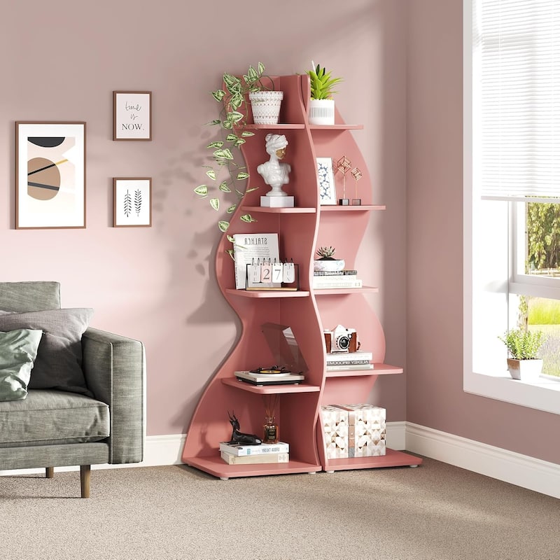 Modern Wood Corner Shelf, 5-Tier Bookshelf Bookcase for Living Room - 2PC - Pink