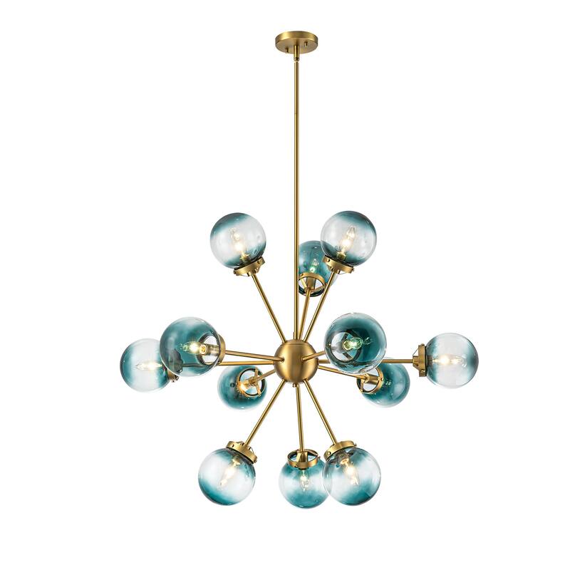 12-Light Modern Glam Brushed Gold Linear Sputnik Gradient Blue Glass Globe Bubble Chandelier - 37.7 in. W x 30.3 in. H
