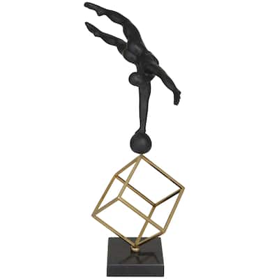Marble Gymnast Decorative Sculpture with Gold Cube Base - Black - Roche River Decor