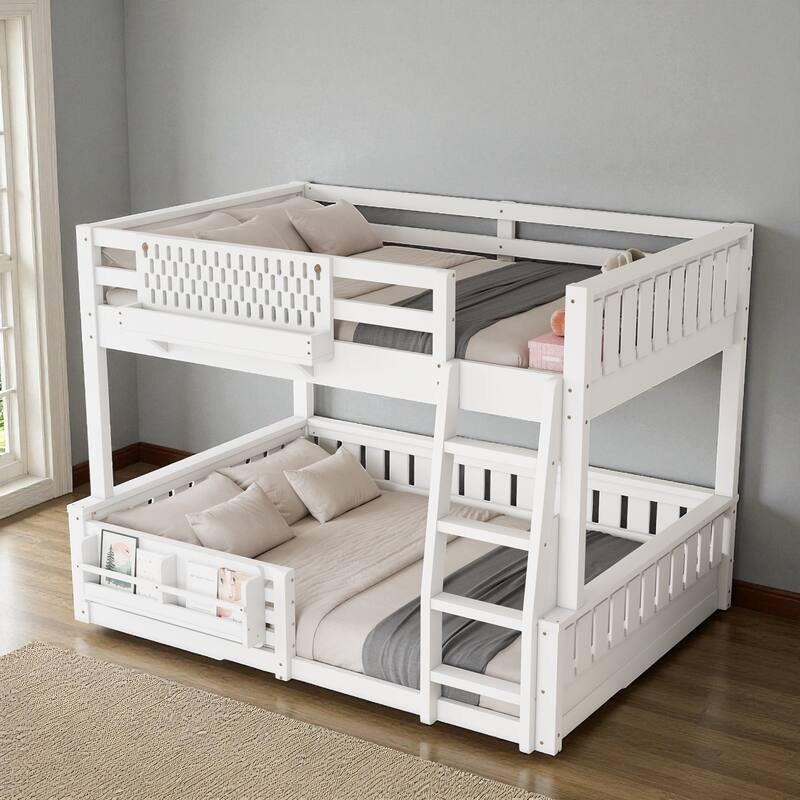 Full XL over Queen / Full over Queen Bunk Bed with Ladder, Guardrails, Pegboard & Built-In Bookshelf, Solid Wood Frame