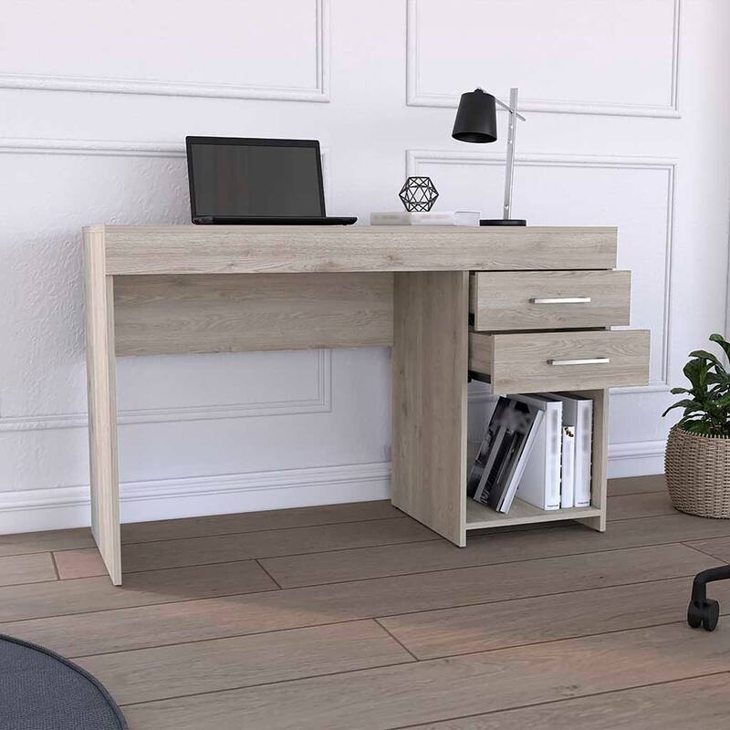 Compact Writing Desk with Dual Drawers and Lower Open Shelf for Office Use