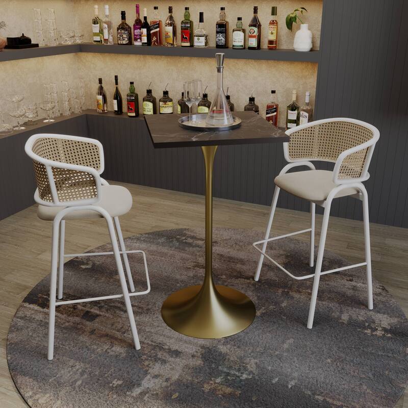 Verve 43 in. Tall Bar Height Dining Table Square MDF Wood Tabletop in Gold Stainless Steel Pedestal Base Accent Bar Table