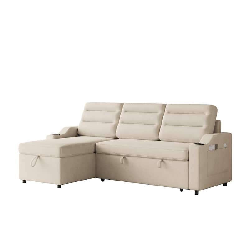 83.5" Fabric Convertible 3-Seater Sleeper Sofa with Pull-Out Bed, Recliner, Storage Pocket, and Cup Holder