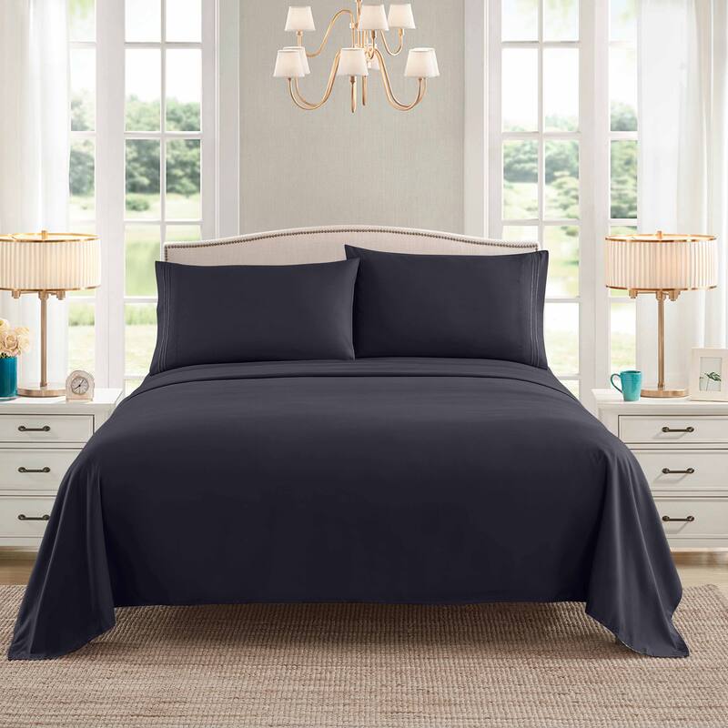 Embroidered 4-piece Bed Sheet Set - Twin - Navy