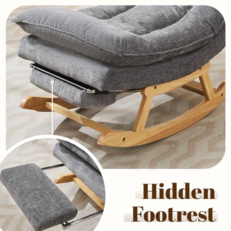 Fabric Upholstered Rocking Chair with Solid Wood Base and Hidden Footrest – Ergonomic Dual-Cushion Design