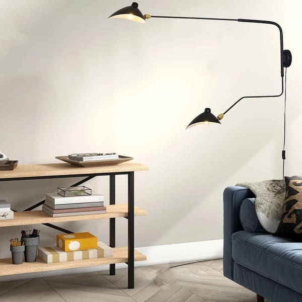 Industrial Swing Arm Wall Sconce Light - Plug-In Or Hardwire, 2 Lights, Black & Antique Gold Finish